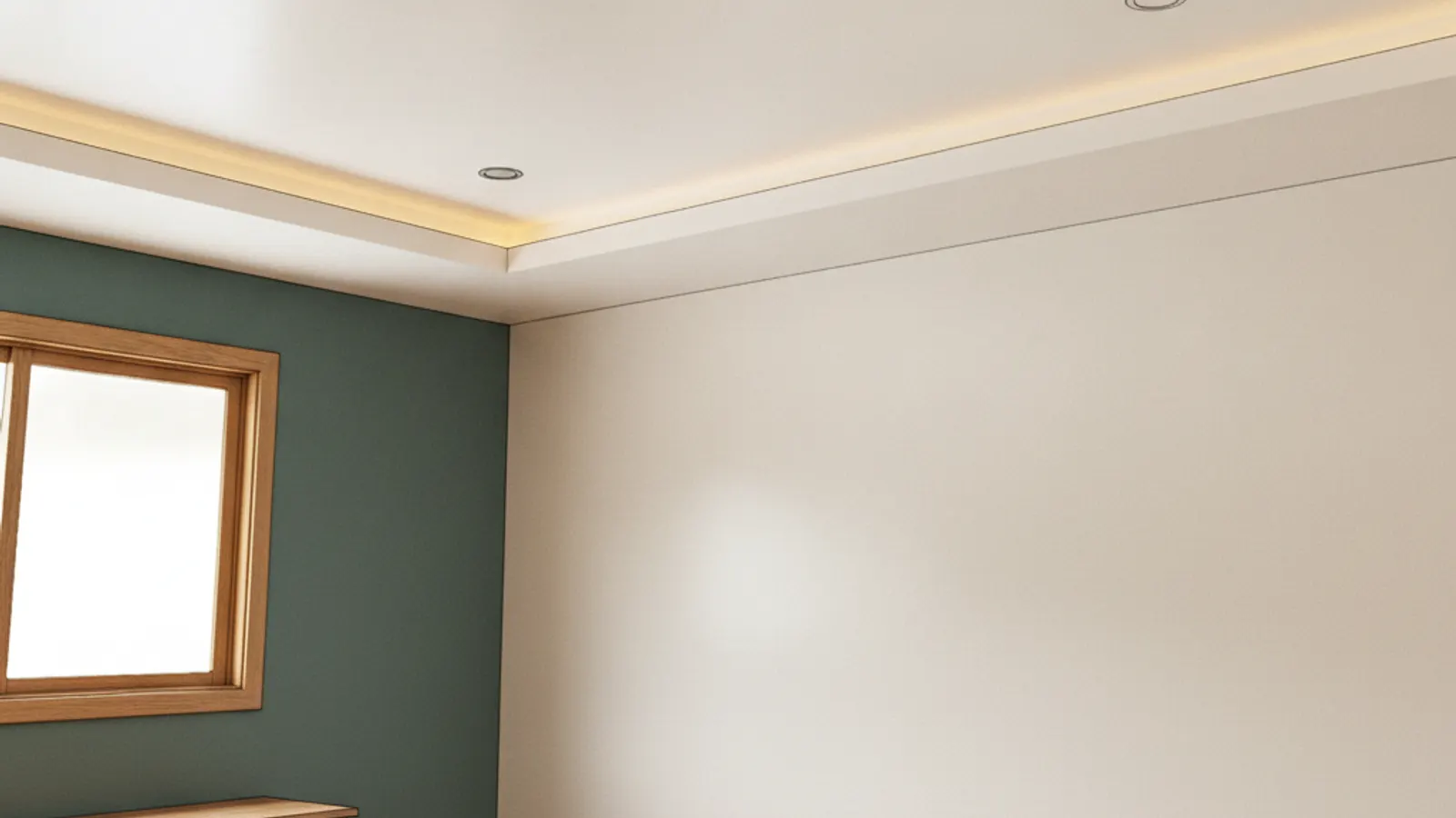 Ilustración de una sala con cielo raso de gypsum liso y bandeja con luz indirecta