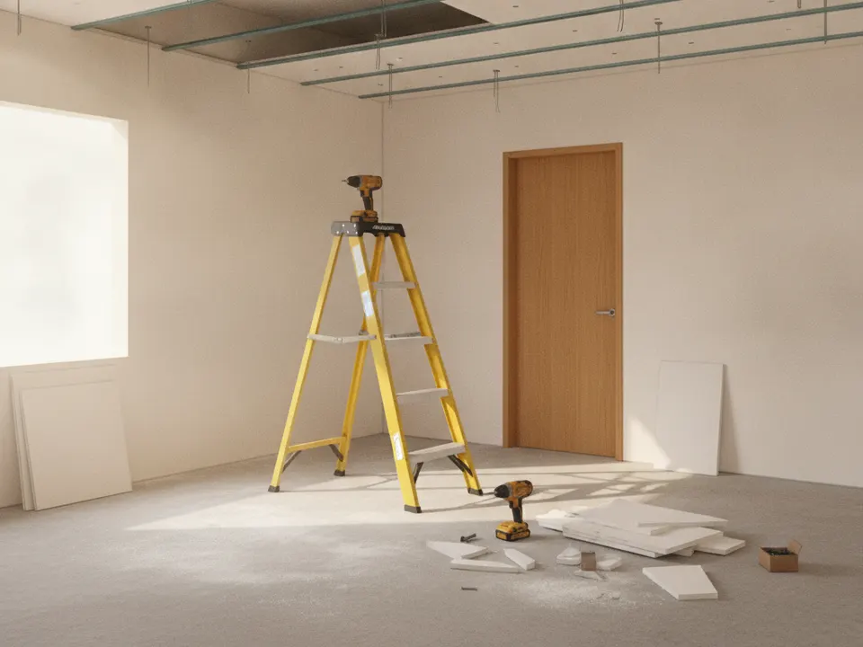 Ilustración de un cielo raso de gypsum en instalación, con la perfilería metálica a la vista