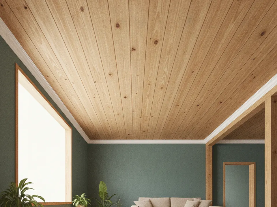 Cielo raso de tablilla de madera machihembrada en una sala