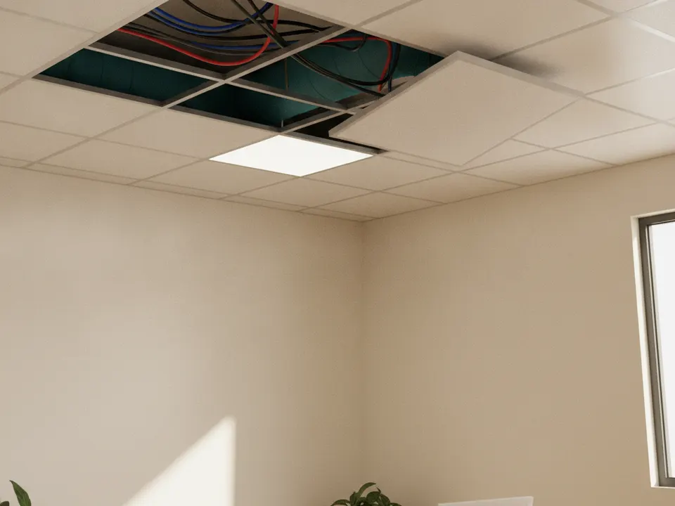 Cielo raso suspendido con retícula de aluminio y baldosas 60x60 en una oficina