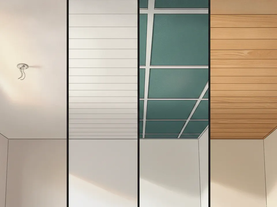 Comparación de cielos rasos de gypsum, PVC, baldosa y madera